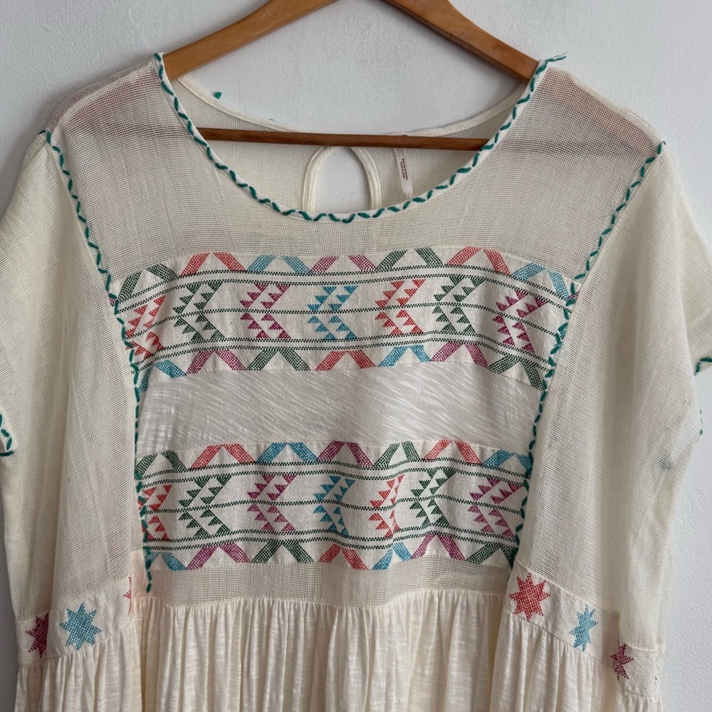 Free People Embroidered Boho Peasant Aztec Top Cream Multicolor - Picture 2 of 5